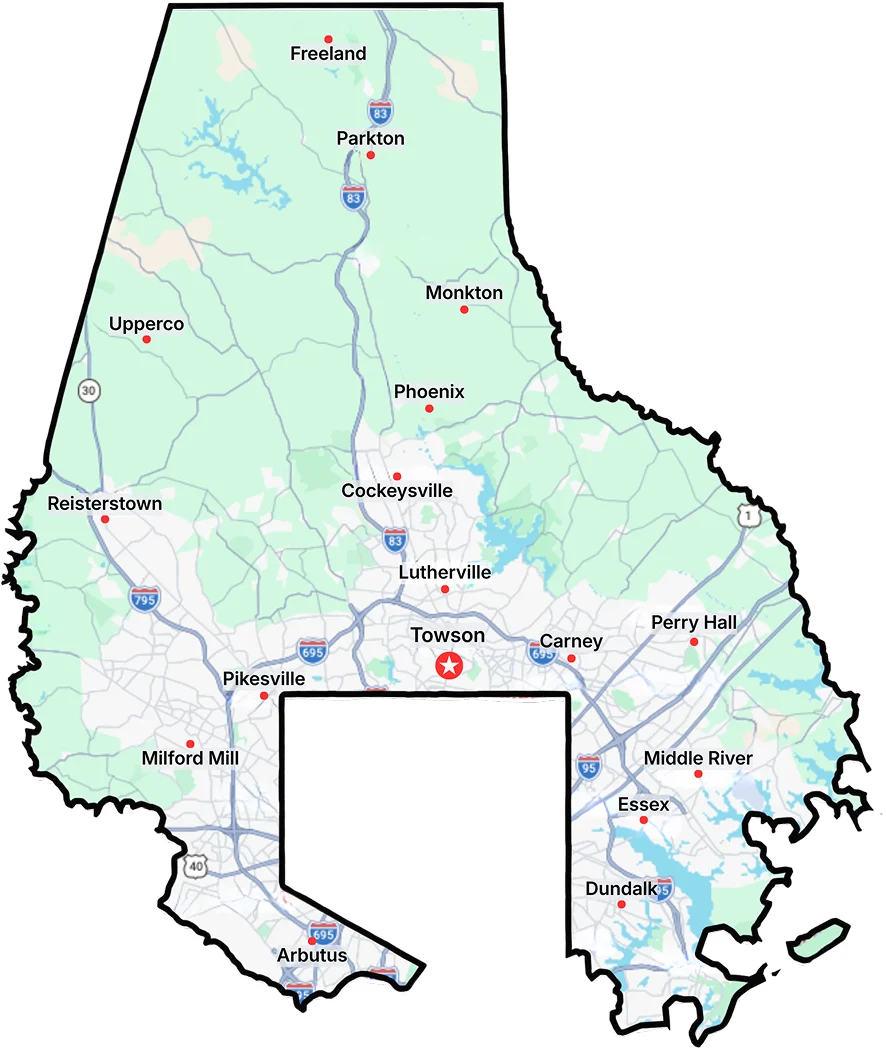 Map of Baltimore County with its main towns labeled, from Reisterstown and Cockeysville to Essex and Dundalk