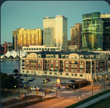Baltimore Inner Harbor skyline at dusk