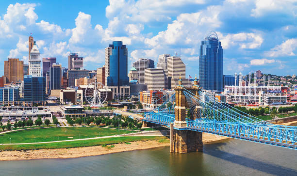 Cincinnati, Ohio skyline with Roebling Suspension Bridge
