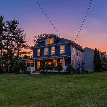 Two-story home at dusk in Carroll County, Maryland