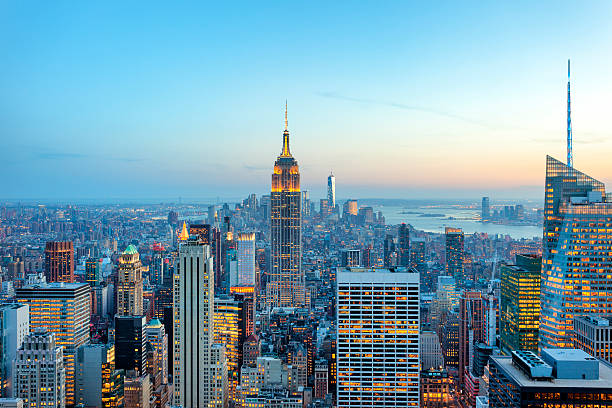 New York City skyline at dusk over the Hudson